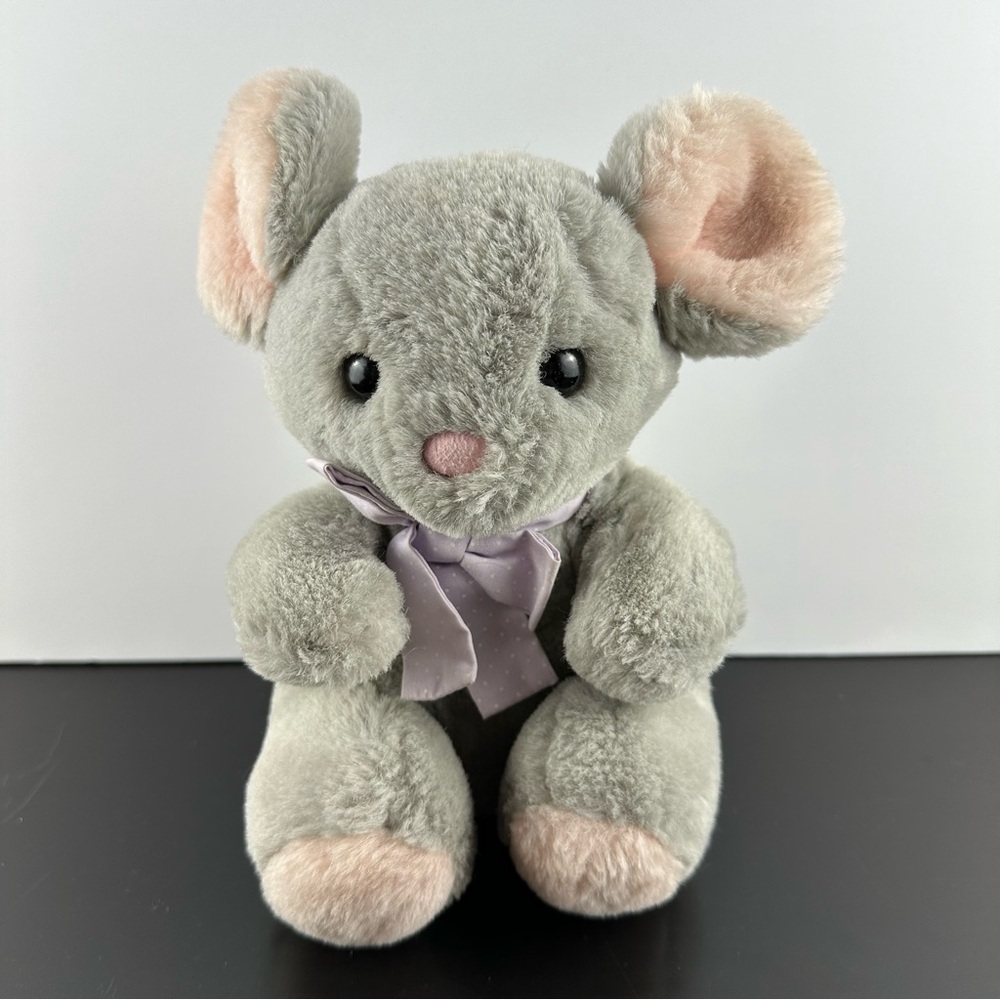 Vintage 1987 Dakin Mouse Grey With Purple Bow Pink Ears Feet 9” Sitting 80s